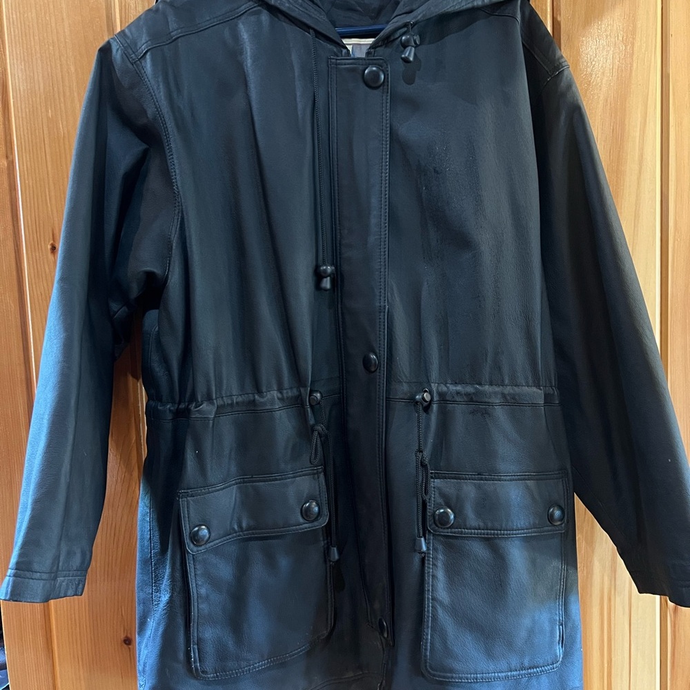 Black Leather Hooded Jacket - Women's Classic Style